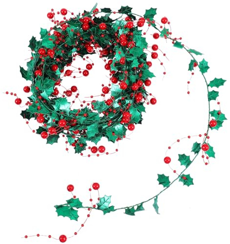 Veemoon 1 Roll Christmas Star Garland with Red Holly Berries 5M Green and Red Tinsel Wire Garland for Home Wedding Birthday Party Decorations