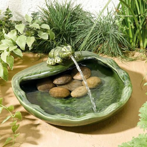 Solar Powered Frog Design Cascade Fountain - Green Glazed Ceramic Outdoor Garden Water Feature Decoration for Patio, Decking, Lawn, Rockery, Pondside, Yard - Measures H16 x W37 x D32cm