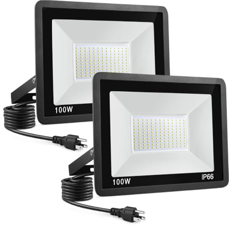 WuliFun 100W LED Flood Light Outdoor, 2Pack 10000LM Super Bright, IP66 Waterproof Outside Work Lights, 6500K Daylight White Security Lights, Plug in Flood Light for Yard Garage Garden Patio
