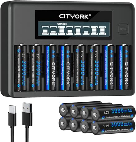 CITYORK Batteriladdare med 16 x 3 000 mAh AA-batteri, för AA, AAA NI-MH uppladdningsbara batterier, 8-korts LCD-display batteriladdare set