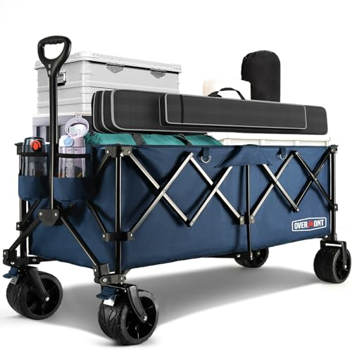 Overmont 300L Extra Large Folding Festival Trolley Cart - All-terrain Wide Wheels and Brake - Heavy Duty Cart Load up 200KG - with Adjustable Handle & Cover Bag - Wagon for Beach Camping Garden blue