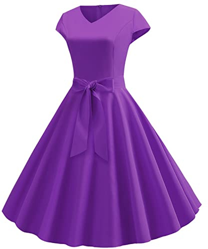 Robe Vintage Femme Années 40 50 60 Pin up Robe de Soirée Cocktail Cérémonie Style Rockabilly Swing Plissé Col V sans Manche A-Line Taille Haute Ete