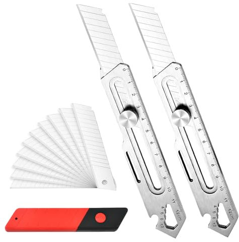 2 Stück Cuttermesser Profi, 8 in 1 Edelstahl Universalmesser, Cuttermesser Set mit 10 SK5 Ersatzklingen, Multifunktion Teppichmesser Metall für Gewerbe Heimwerker