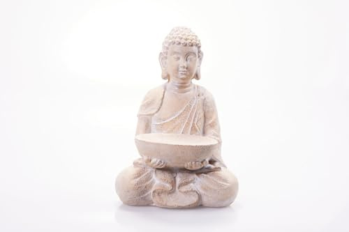 hausleben Eleganter Sitzender Buddha mit Vogelbad – Magnesia Dekofigur in Creme 28,5×19×40 cm | Wetterfeste Gartenfigur & Wohn-Deko | Vielseitige Schale als Vogelbad, Kerzenhalter oder Dekoschale