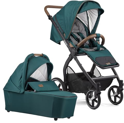 Gesslein Kinderwagen FX4 Swing mit Babywanne Panorama Lyx (Kinderwagen 3 in 1 mit Liege- und Sitzoption, inkl. Sportwagenaufsatz, individuell einstellbar, hoher Komfort, geringes Packmaß), Grün