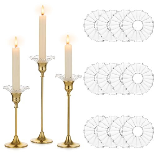 Glasseam Glass Bobeches for Candlesticks Holders: Clear Candle Drip Protectors Set of 12 Ribbed Wax Catchers for Candle Stick Holder Taper Candle Holders for Table Centerpiece Wedding Christmas Dining