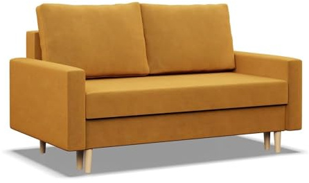 Mebligo - Sofa mit Schlaffunktion und Bettkasten Blank, 2 Sitzer Sofa 152 cm Breit, Schlafsofa, Ausziehbares Couch auf Holzfüßen, Schlafcouch - Gelb