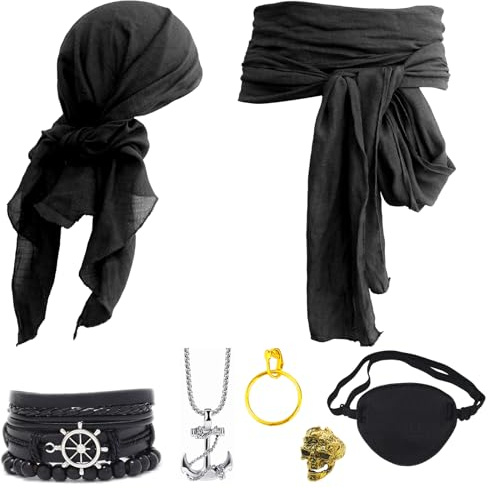 Ginkago Mittelalter Piratenkostüm Zubehör Set Damen Herren Piraten Verkleidung Accessories Kopftuch Augenklappe Ohrringe Halskette Armband Hüfte Tuch für Halloween Cosplay Party