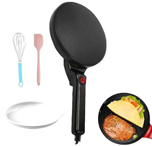 Crepiera Elettrica, Nuova Padella Elettrica da 600 W con Bacinella e Frusta, Temperatura Automatica, Mini Piastra Elettrica Antiaderente da 20 cm per Crepes, Blintz, Chapati, Pizza, Pane Black
