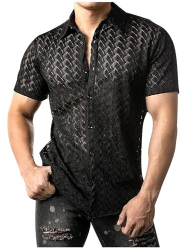 Ybing Hemd Herren Kurzarm Sexy Durchsichtigen Hemdbluse Aushöhlen Atmungsaktiv Sommerhemd Persönlichkeit Sommer Shirt Y2K Knöpfe Revers Oberteile Einfarbig Muskelshirts Schlank Top Freizeithemden
