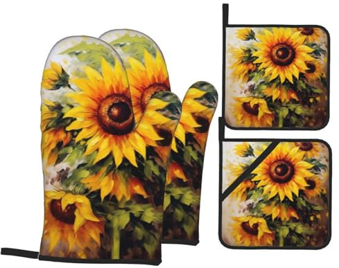Set di 4 guanti da forno con girasole e presine con pittura a olio – guanti da forno antiscivolo, guanti da forno a microonde isolati e guanti da cucina per cucinare barbecue
