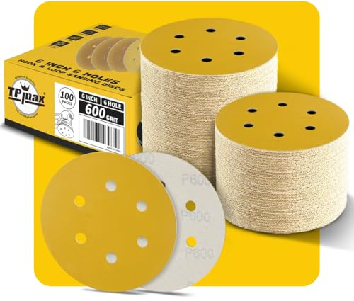 100PCS 150mm 600 Grit 6 inch 6 Hole Sanding Discs Sandpaper - Premium Gold Round Hook and Loop for Random Orbital Sander - Ideal for Wood, Metal, Automotive