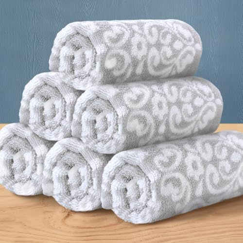 Gray Wash Cloths, Jacquard Washcloths 6 Pack 13x13 - 100% Cotton | Quick Dry | Thick | Soft | Absorb, Luxury Face Towels for Bathroom & Showering, Jacquard Washcloth Set, Grey + White Damask Pattern