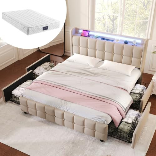 MQLAE Bett mit Matratze 90x200 cm, Polsterbett mit USB Ladefunktion Kopfteil und LED und 2 Schubladen,Einzelbett Stauraumbett Funktionsbett, Bett mit Lattenrost, für Erwachsene & Jugendliche, (Beige)