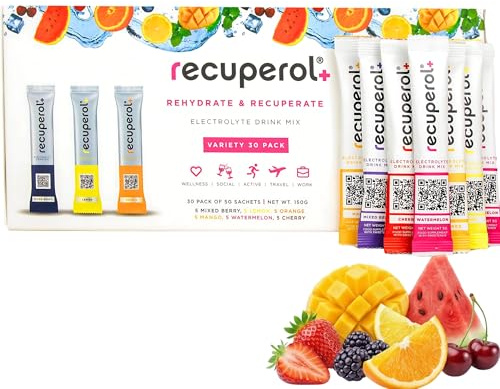 Recuperol Electrolytes Sachets - Rehydration Electrolytes Powder with Zinc, Vitamin C, B12, D3 & Potassium for Hydration - Sugar Free, Vegan & Low Calorie - Variety 60 Pack (6 Natural Flavours)