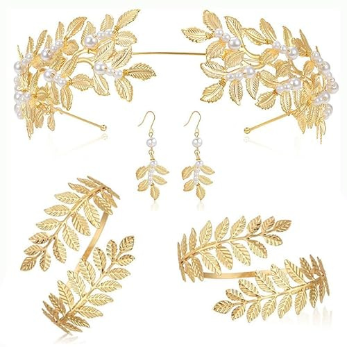 MisFun 4 Stück Griechische Göttin Kostüm Schmuck Set, Hochzeit Brautschmuck Oberarmreif Ohrringe Lorbeerkranz, Braut Hochzeits Kopfschmuck Hochzeit Boho Blatt Haar Krone Accessories