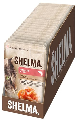 Shelma Katzen-Nassfutter mit Lachs in Sauce und Spirulina – Getreidefreies Alleinfuttermittel mit hohem Fleischanteil – 28 x 85 g (2,4 kg)