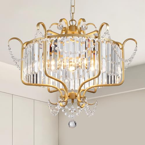 Majhoiw Goldene Kristall Kronleuchter, 6-Licht Moderner Rustikaler Pendelleuchte für Wohnzimmer, Schlafzimmer und Esszimmer, E14 Sockel Deckenlampe, Luxuriöse Hängeleuchte mit Rundem Schirm