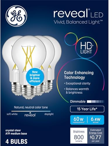 GE Reveal HD+ LED Light Bulbs, 60 Watt, A19 Bulbs (4 Pack)