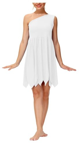 Wilma White One Shoulder Dress Sleeveless Cavewoman Family Couple Costume Primitive Cartoon Characters Costume Funny Costumes for Adults