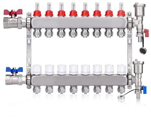 8 Heizkreise Heizkreisverteiler mit Eurokonus 3/4 (16x2mm) & 1 Kugelhähne | 30 x 1,5 mm, mit Manueller Entlüfter & Flussmesser Durchflussmesser, Edelstahl Fußbodenheizung HKV Verteil
