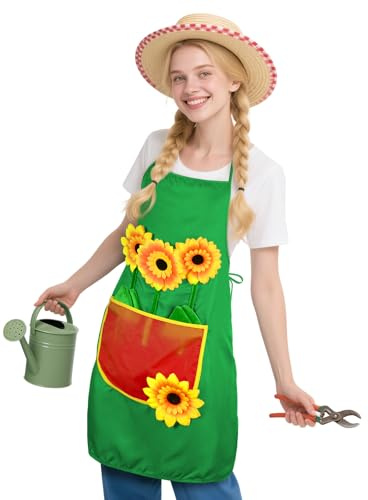 AYBUY Gärtnerschürze, Sonnenblumen Schürze Gärtner, Gärtnerin Kostüm Grillschürze mit Taschen, Unisex Design für Karneval, Kostümpartys und Mottopartys