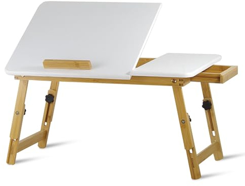TELEWELT Holz-Falttisch [Höhenverstellbar] Laptoptisch – Beistelltisch – Betttisch – klappbar – Laptop Table – aus Bambus – neigbar – Couchtisch