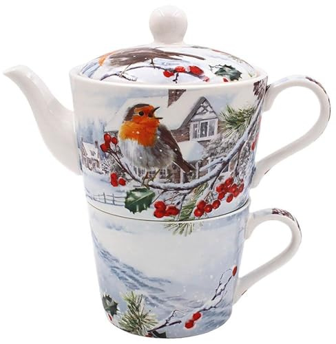 The Leonardo Collection Christmas Robins Tea for One Set for Kitchen | Lovely Kitchen Accessories for Home | Without Strainer Tea Pot for Daily Use | Durable for Home & Office