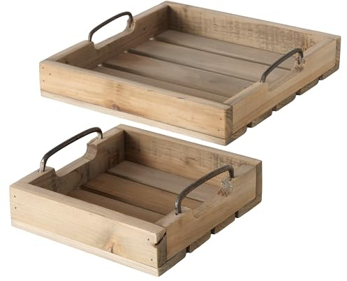 Deko-Holztablett Set, 2 Stück, Serviertabletts mit Metallgriffen, 20x20 cm & 30x30 cm, Graubraun
