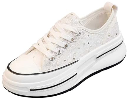 Scarpe Espadrillas Donna con Pizzo Paillettes Suola Spessa Tacco Elevator Shoes Sneakers Casual Sport Running Espadrillas Atletico Corto Fitness Tennis, bianco, 36 EU