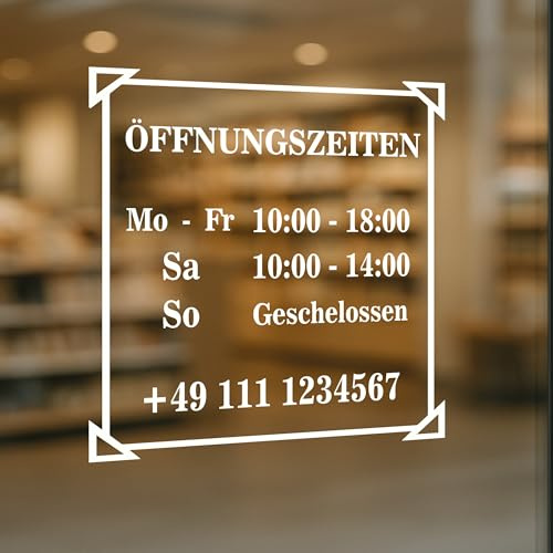 Fensterfolie Öffnungszeiten Aufkleber personalisiert – Schaufenster Sticker aus Vinyl – Wunschtext Schriftzug für Läden & Geschäfte