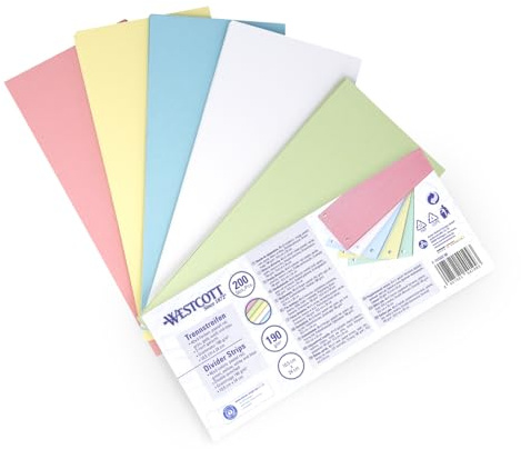 Westcott Trennstreifen 200 Stück Pastellfarben Mix | Robuste Heftstreifen 190g/m² für A4 Ordner | Trennblätter 10,5 x 24 cm | Register mit 2-fach-Lochung für DIN-A4 Dokumente | E-733322 00