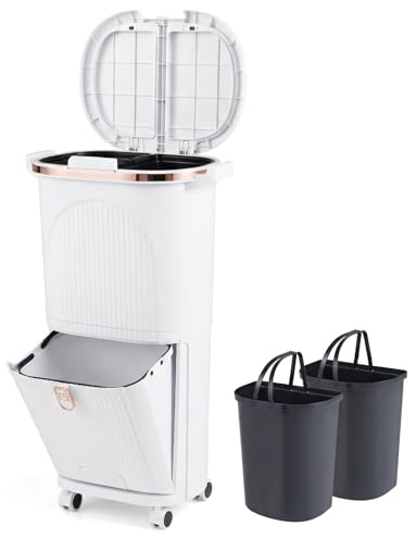 GIANTEX Bidone per Spazzatura Interno 38 L, Pattumiera da Cucina Differenziata a 3 Scomparti con Ruote e Maniglie, Secchio dei Rifiuti in PP on Coperchi a Pressione e Pedale (Bianco)