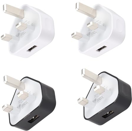 USB Adapter UK 3 Pin Wall Charger 4 Pack, Black & White Compact USB Mains Charger 5V 1A Power Adapter, UK Phone Charger Compatible with iPhone 14/13/12/11/XR/XS/SE/8/7/6/5, for Samsung, Huawei