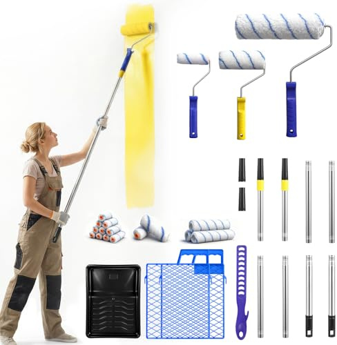 Dibaful Farbroller Wandfarbe Set mit Teleskopstange Malerrolle Farbwalze Roller | Farbrollen mit Farbwanne Malerzubehör Streichen Zubehör für Hausanstrich Farbrollerhüllen