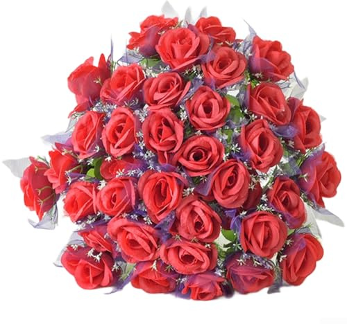 Bouquet di 36 rose artificiali in seta di pesca con accento di garza, fiori finti in stile vintage per la casa, centrotavola, decorazione per camera da letto e soggiorno