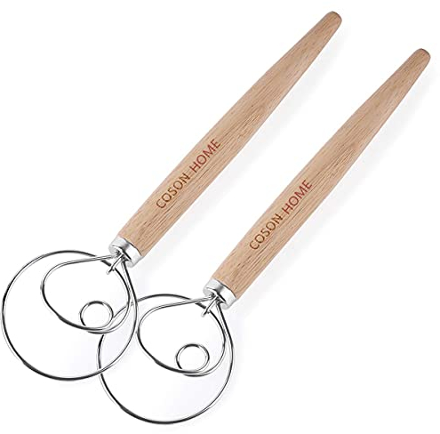 Pack of 2 Danish Dough Whisk Dutch Bread Whisk Hook Wooden Hand Mixer Bread Baking Tools for Cake Bread Pizza Pastry Food Biscuits Kitchenware Tool Stainless Steel Ring 13.5 inches 0.22 lb/ pcs
