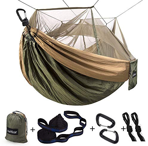 Sunyear Camping Hammock, Portable Single & Double Hammock with Net, 2 Person Hammock Tent with 2 * 10ft Straps, Best for Outdoor Hiking Survival Travel