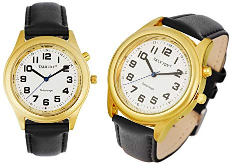 TalkJoy Premium Leder Herren Sprechende Armbanduhr GOLDENE Uhr Blindenuhr Sprachausgabe Datum Uhrzeit Herrenuhr mit Lederarmband