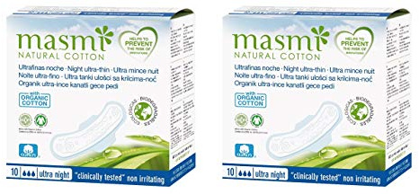 Masmi Nachteinlagen aus Bio-Baumwolle mit Flügeln, einzeln verpackt, biologisch abbaubar, Parfüm, Viskose, Viskose, Chlor, Dioxin, 2x 10 Stück