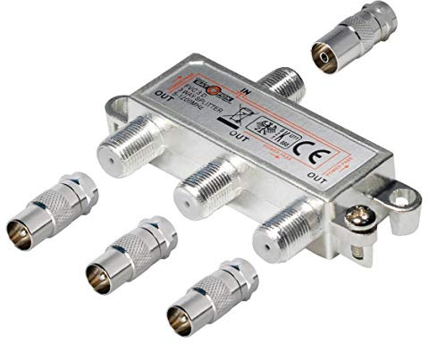 3-Fach TV-Verteiler mit Koax-Adaptern; für Kabel-TV; 1 Eingang - 3 Ausgänge; Profi - Qualität für HDTV ; mit Rückflusssperre und Entkopplung; Metall-Gussgehäuse