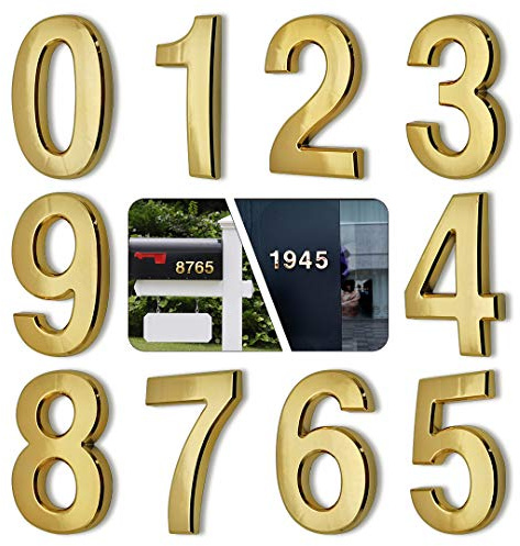 HopeWan 4 Inch Mailbox Numbers for Outside, Self Adhesive Brass House Door Number Stickers, Raised 3D Style, Golden Shiny.(4 10 Pack (0-9), Brass)