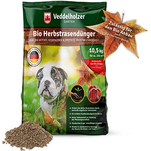Veddelholzer Bio NPK 7+3+12 Herbstrasendünger mit Langzeit-Wirkung nachhaltiger organischer Rasendünger zur Überwinterung für frostbeständigen Rasen verdrängt Moos & Unkraut 10,5 kg für 250 m²