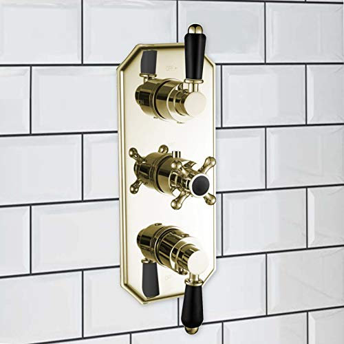 ENKI, Regent, TSV042, Gold Black Lever Concealed Thermostatic Shower Mixer Valve for Bathrooms, Triple Control Diverter Valve for Three Outlets, Traditional Victorian Style