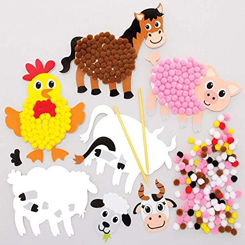 Baker Ross FE573 Kit Pompon Animali di Fattoria - Confezione da 5, Carta Autoadesiva Con Pompon Colorati