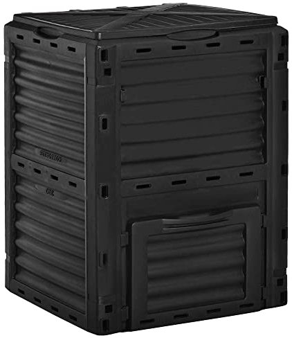Outsunny Compostiera da Giardino, Compostiera Domestica da 300L in Plastica Nera, Bidone per Compost con Coperchio a Incastro