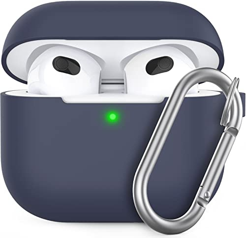 AHASTYLE AirPods 3 Hülle Silikon Schutzhülle, Mitternachtsblau | Kabelloses Laden, Mit Karabiner, Front-LED Sichtbar, Premium-Silikon, Rundumschutz, Stoßfest, AirPods 3.Gen Kopfhörer Zubehör