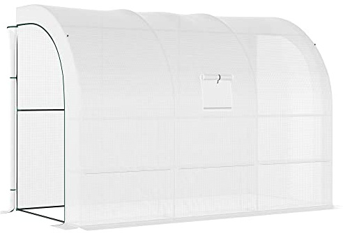 Outsunny 10' x 5' x 7' Lean to Greenhouse, Walk-in Green House, Plant Nursery with 2 Roll-up Doors and Windows, PE Cover and 3 Wire Shelves, White