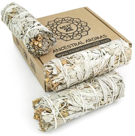 MUT22 3 Salvia Blanca Sagrada 100% Natural para Quemar - Hierba de Purificación y Limpieza Energética - Ritual Espiritual, Meditación y Armonía del Hogar - Salvia Apiana Artesanal de California