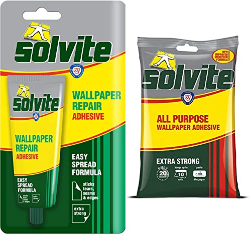 Solvite Wallpaper Repair Adhesive & All-Purpose Paste, Extra-Strong & Long-Lasting, Green/Yellow, Grey, Red, 1x56g & 1x185g Sachet